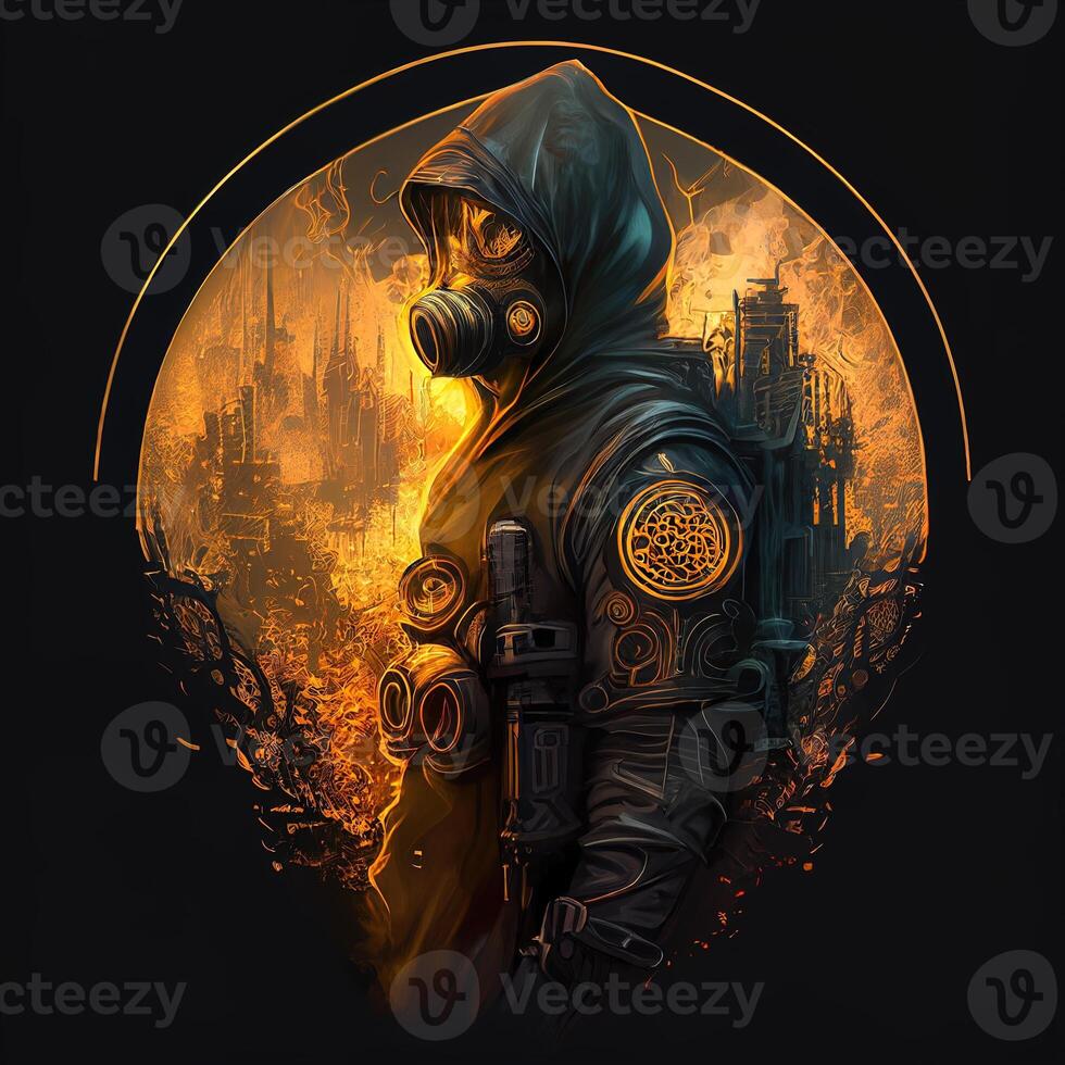 illustration of cyberpunk bio hazard protective suit with a industrial smoke, pollution, centered inside intricate gold and fire circle of city and skyscrapers photo