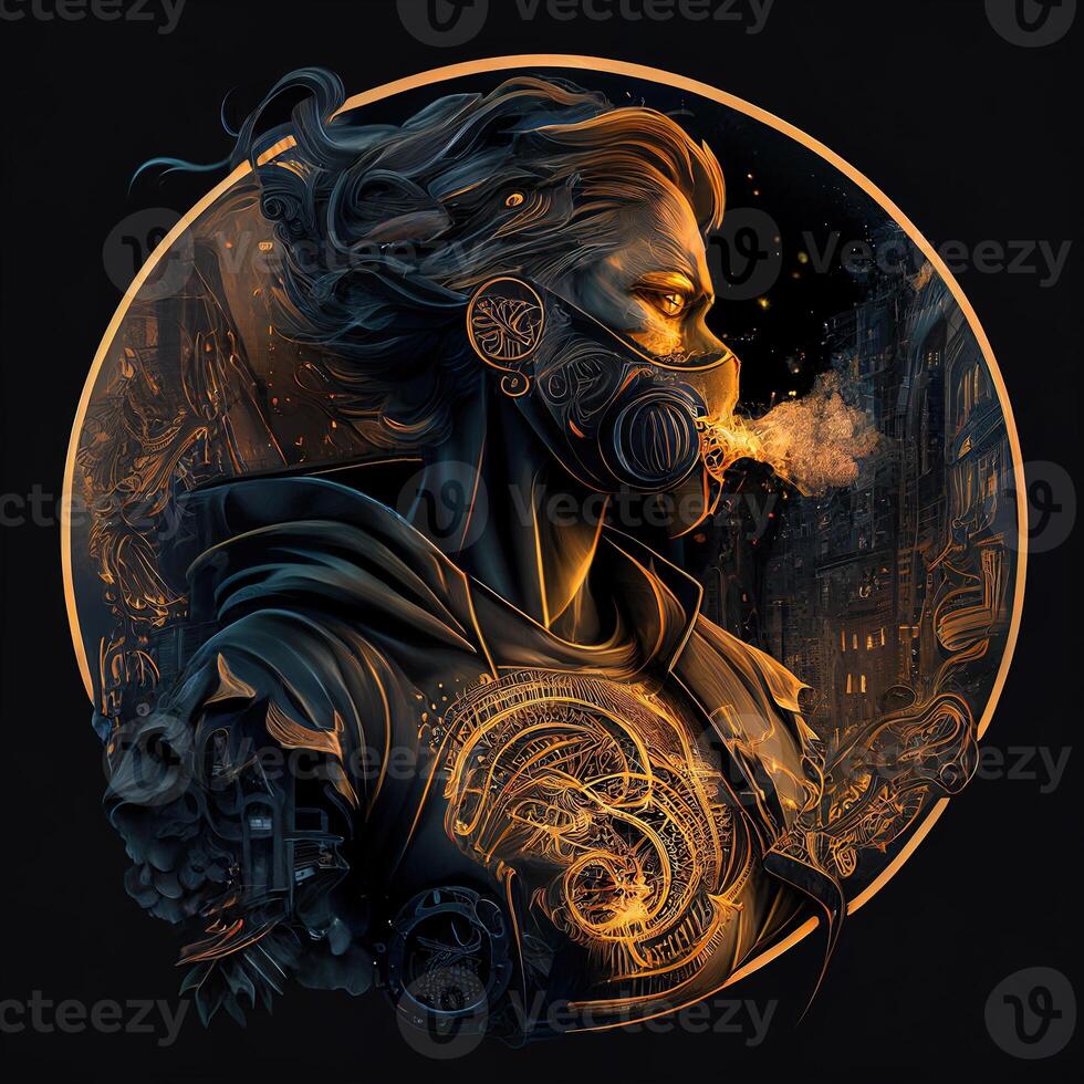 illustration of cyberpunk Zodiac sign with a industrial smoke, mechanic detail on shoulders, pollution, centered inside intricate gold and fire circle of city and Skyscrapers, steam punk photo