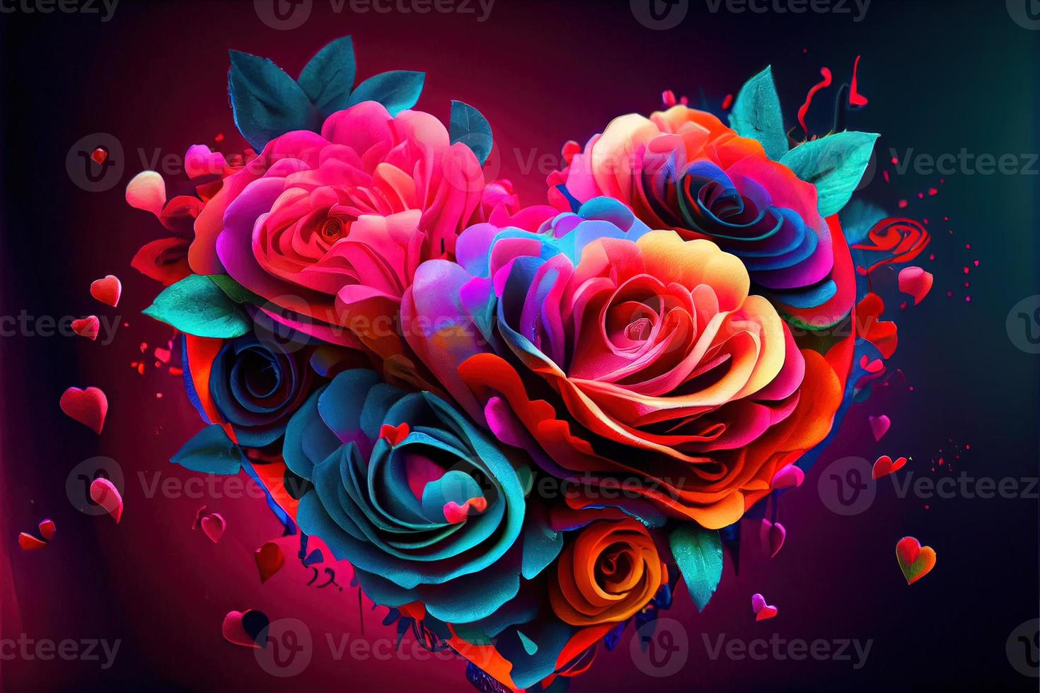 valentines day background, love heart shape make by rose, cherry blossom, daisy flowers... . Neural network generated art. Digitally generated image. Not based on any actual scene or pattern. photo