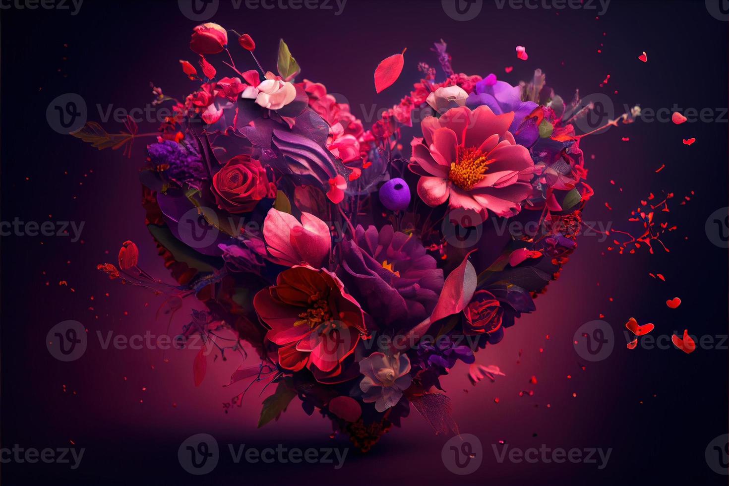 valentines day background, love heart shape make by rose, cherry blossom, daisy flowers... . Neural network generated art. Digitally generated image. Not based on any actual scene or pattern. photo