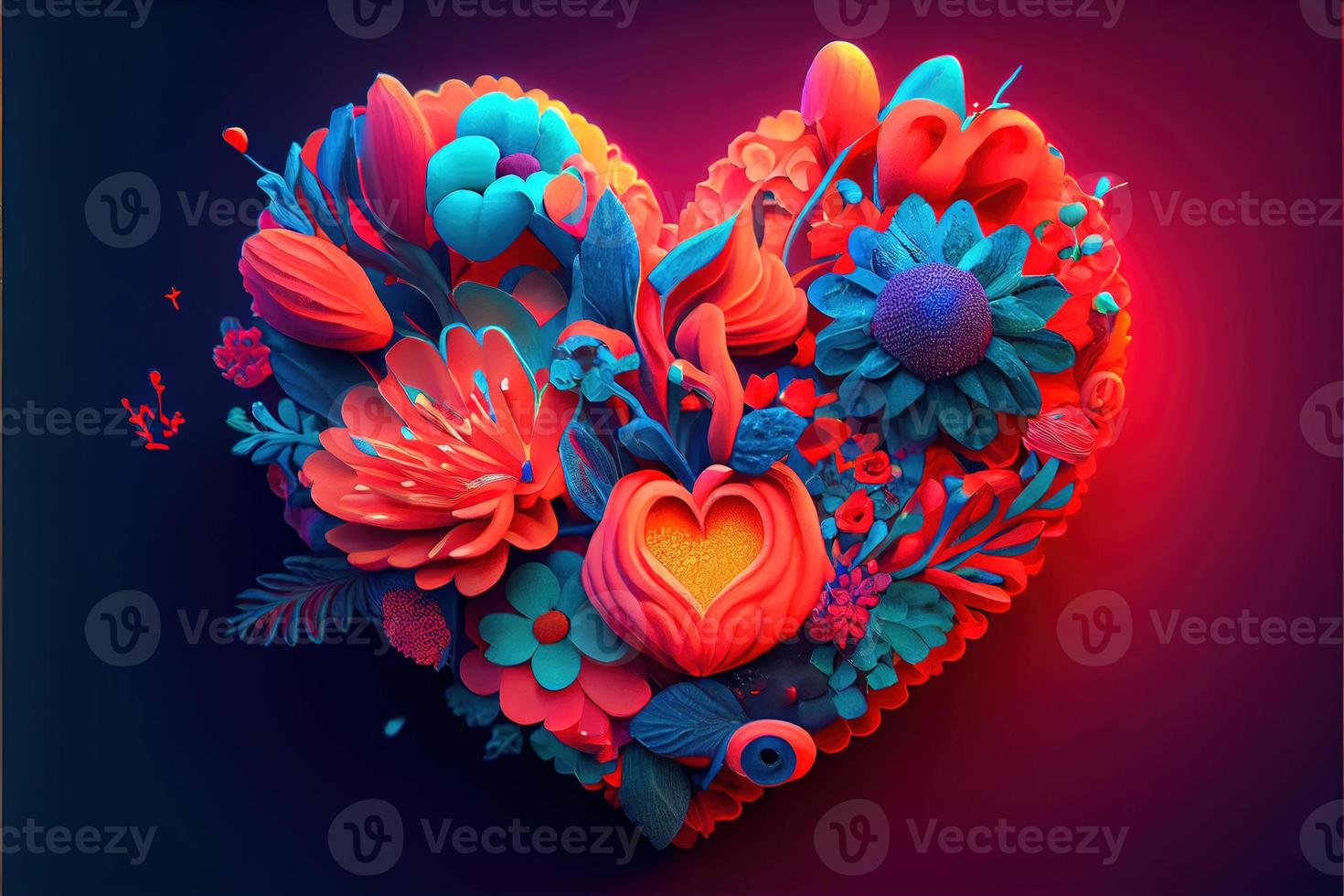 valentines day background, love heart shape make by rose, cherry blossom, daisy flowers... . Neural network generated art. Digitally generated image. Not based on any actual scene or pattern. photo