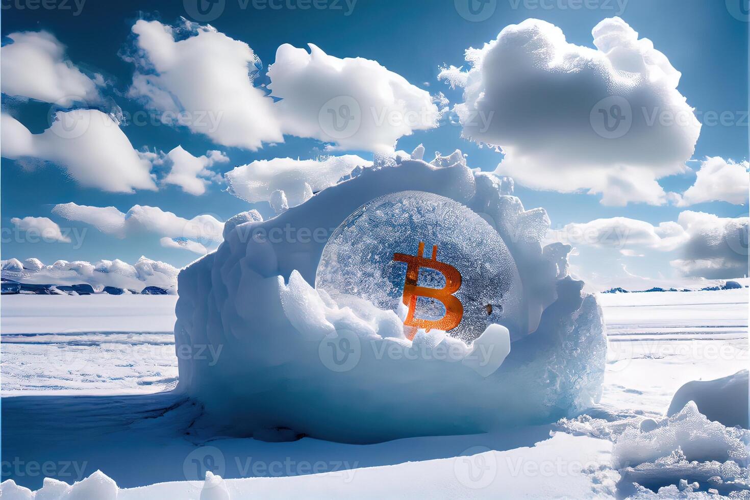 illustration of frozen bitcoin, cold and snow. Bit coin symbol in ice and snow photo