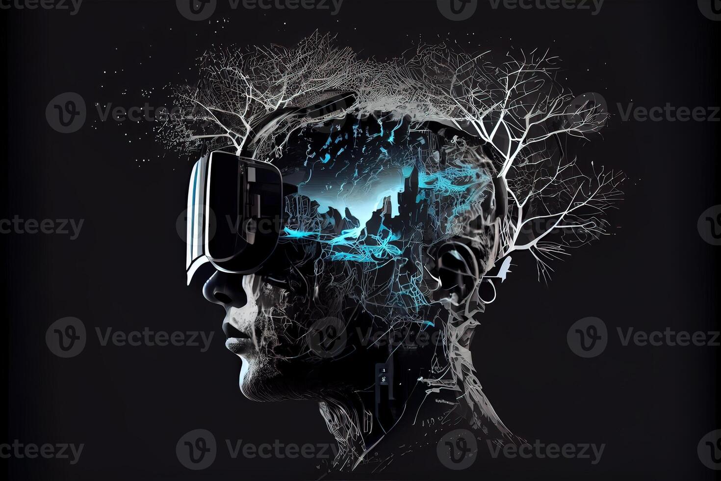 illustration of Metaverse concept and virtual world elements. Silhouette of a human face in augmented or virtual reality headset. Neural network art photo