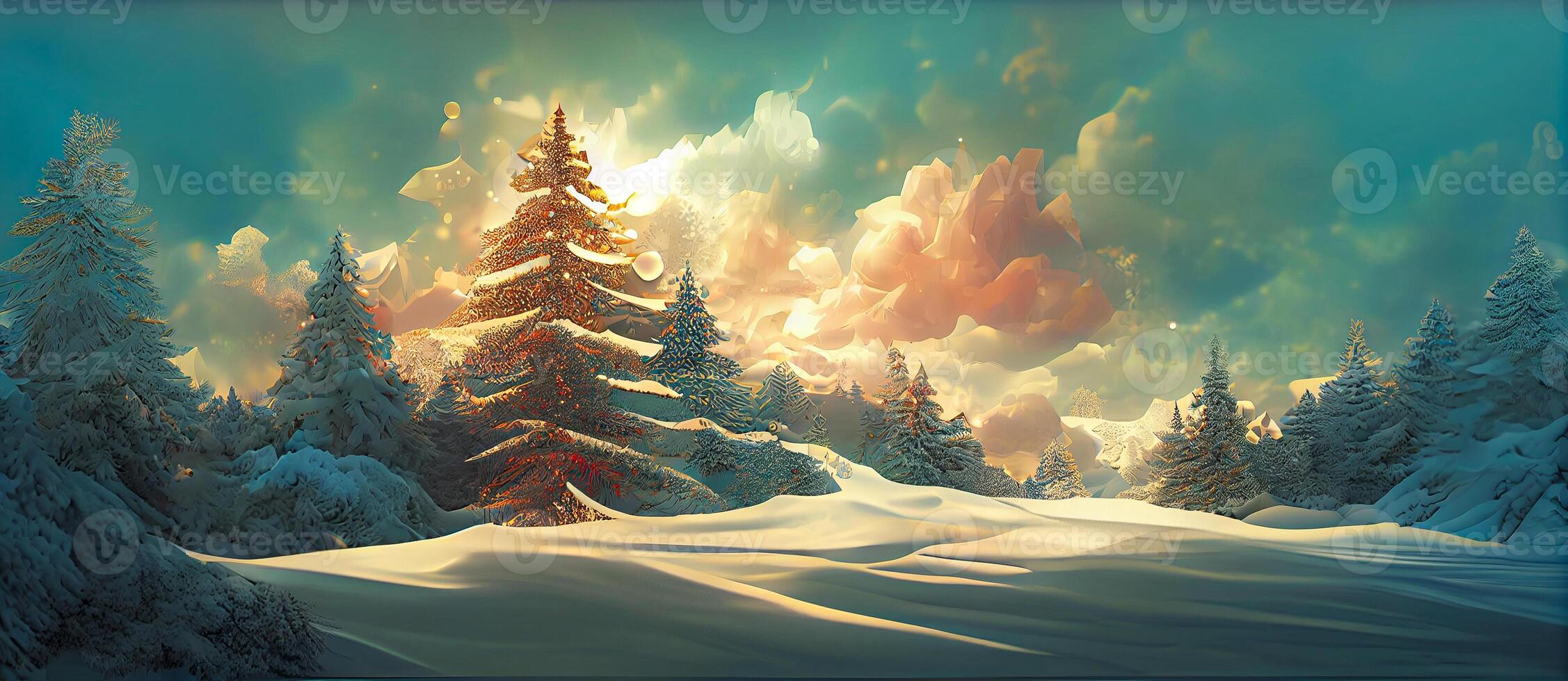 illustration of christmas decorated green spruce trees in winter forest, Abstract fantasy festive christmas tree, winter abstract landscape. Sunlight in the winter forest. Digital art. photo