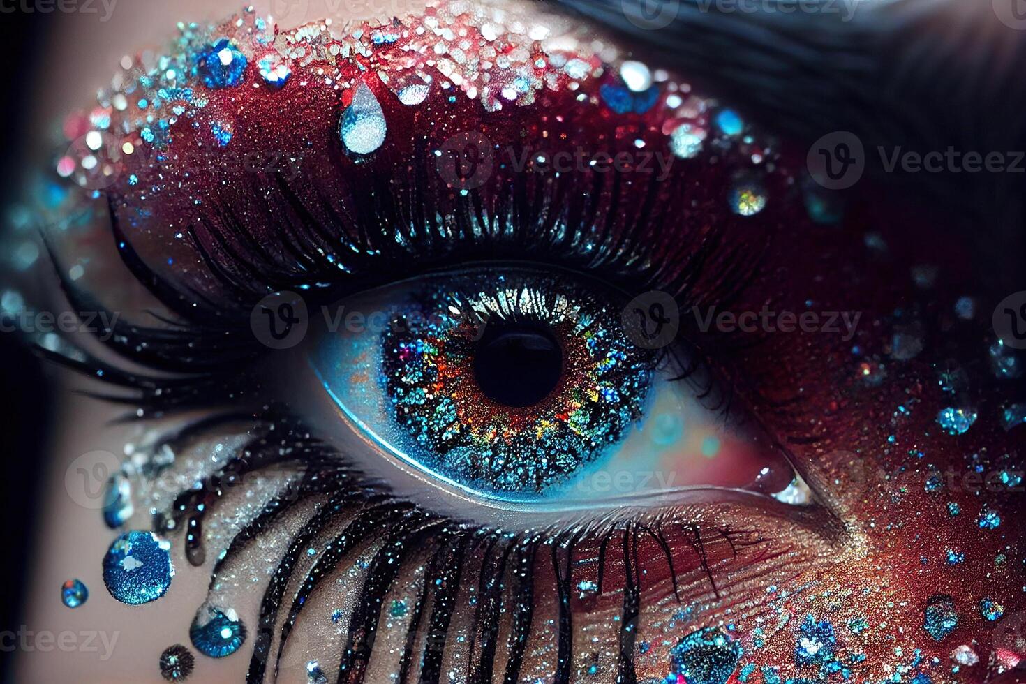 illustration of beautiful female eyes with carnival glass sparkly eyeshadow. Close focus. photo