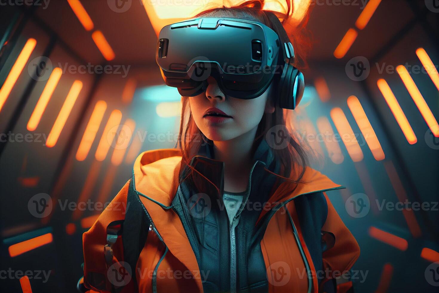 illustration of an enthusiastic young women wearing virtual reality goggles is inside the metaverse. Metaverse concept and virtual world elements photo