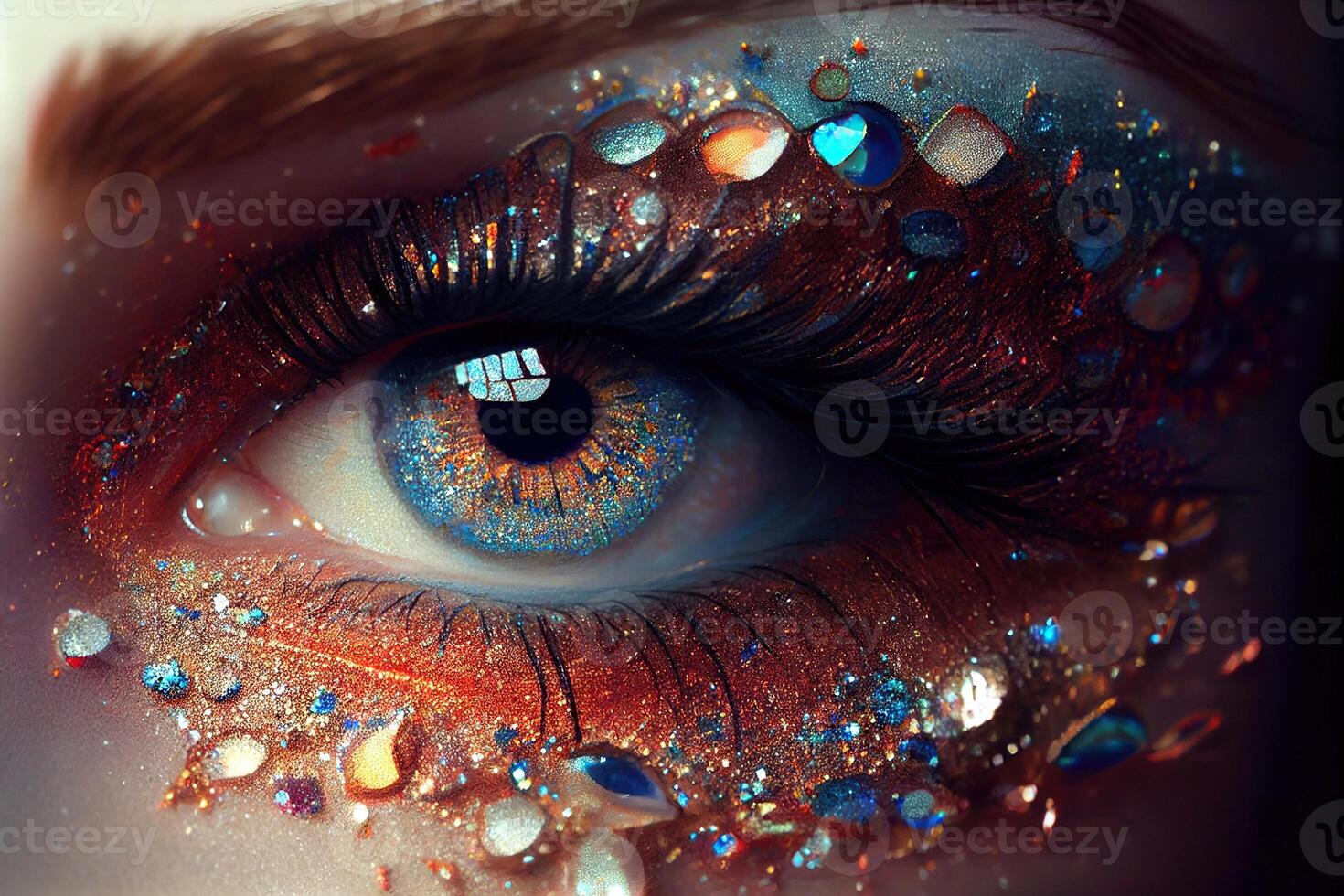 generativo ai ilustración de hermosa hembra ojos con carnaval vaso brillante sombra. cerca enfocar. foto