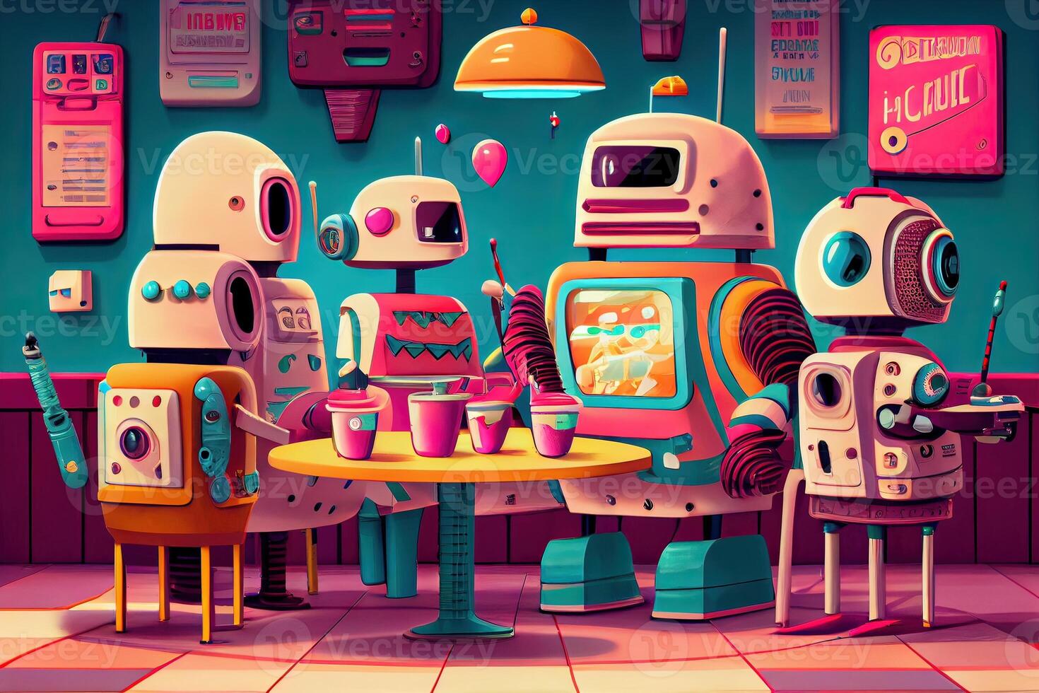 illustration of a futuristic robot cafe with a wide range of robot customers, where robots of all shapes and sizes come to enjoy a cup of java or a sweet treat photo
