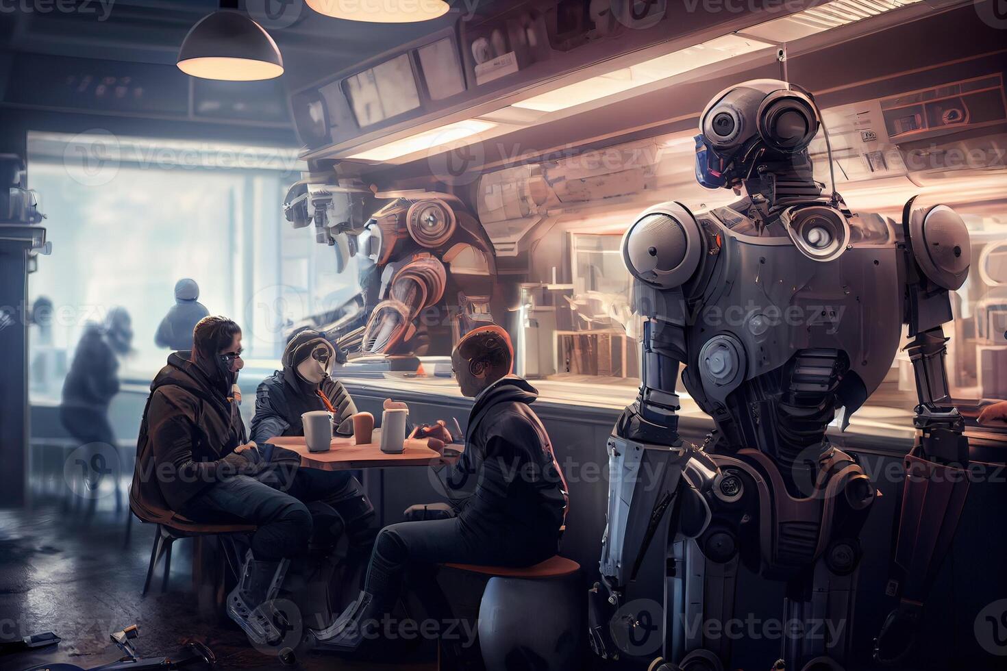 illustration of a futuristic robot cafe with a wide range of robot customers, where robots of all shapes and sizes come to enjoy a cup of java or a sweet treat photo