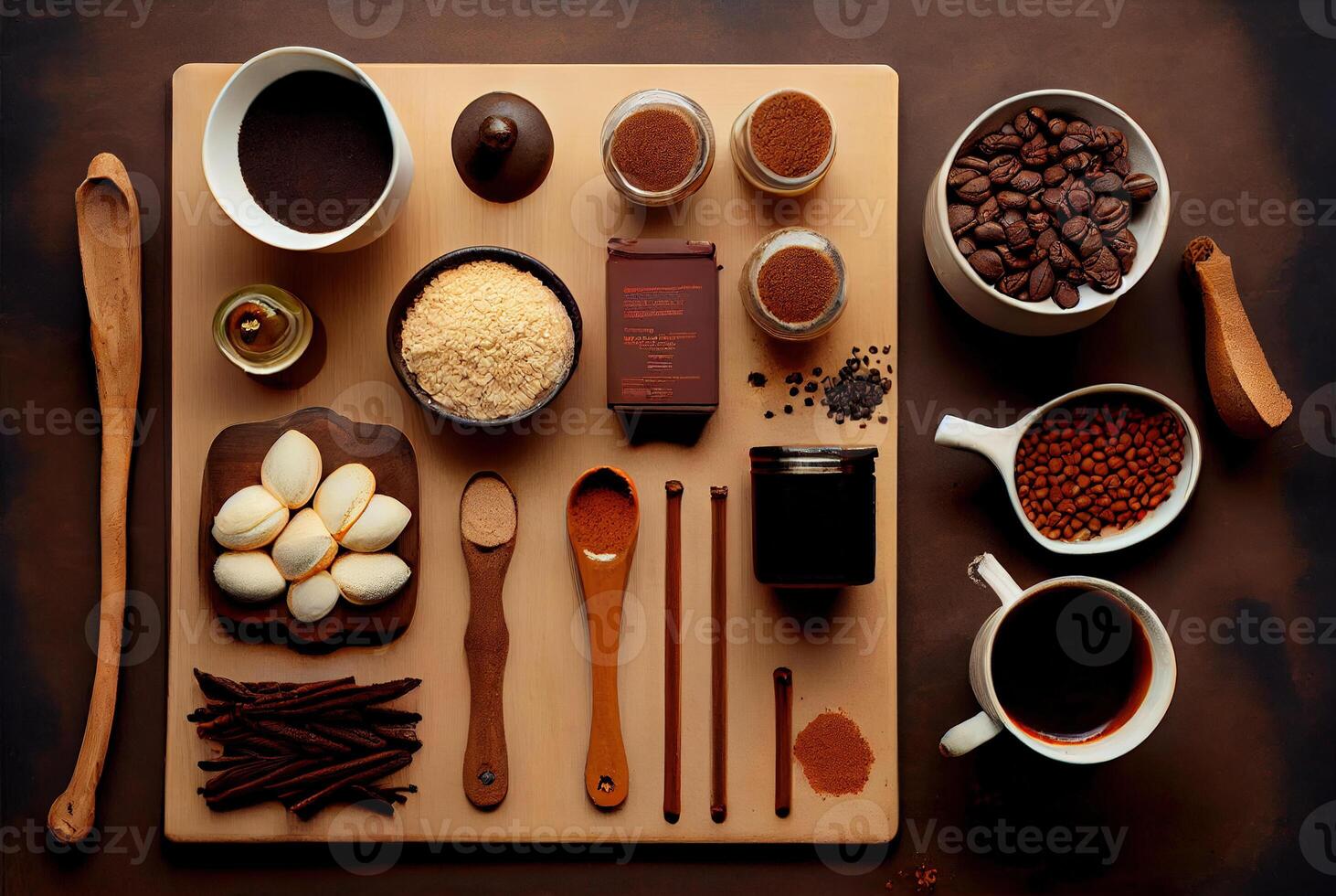 illustration of Ingredients for making coffee flat lay photo