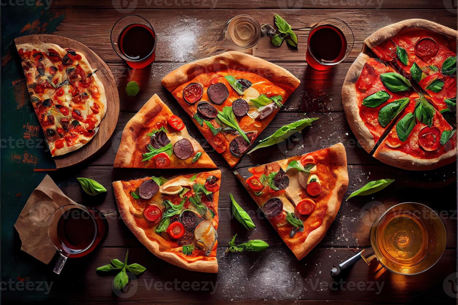 illustration of pizza party dinner. Flat-lay of various kinds of Italian pizza, salad and red wine in glasses over rustic wooden table, top view, wide composition photo