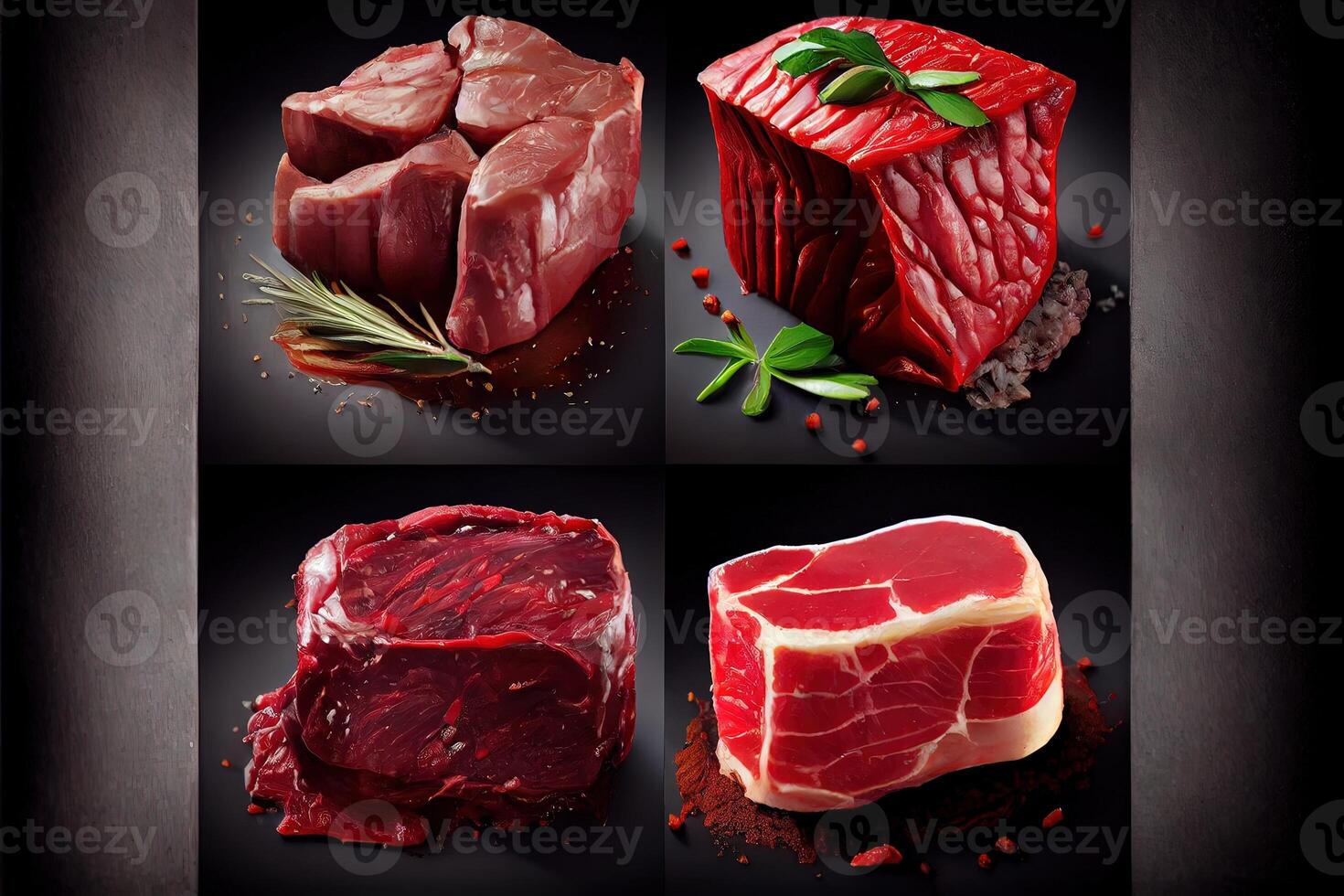 illustration of variety of raw beef meat steaks for grilling with seasoning and utensils, assorted raw beef meat, fresh raw beef steaks on wooden board photo