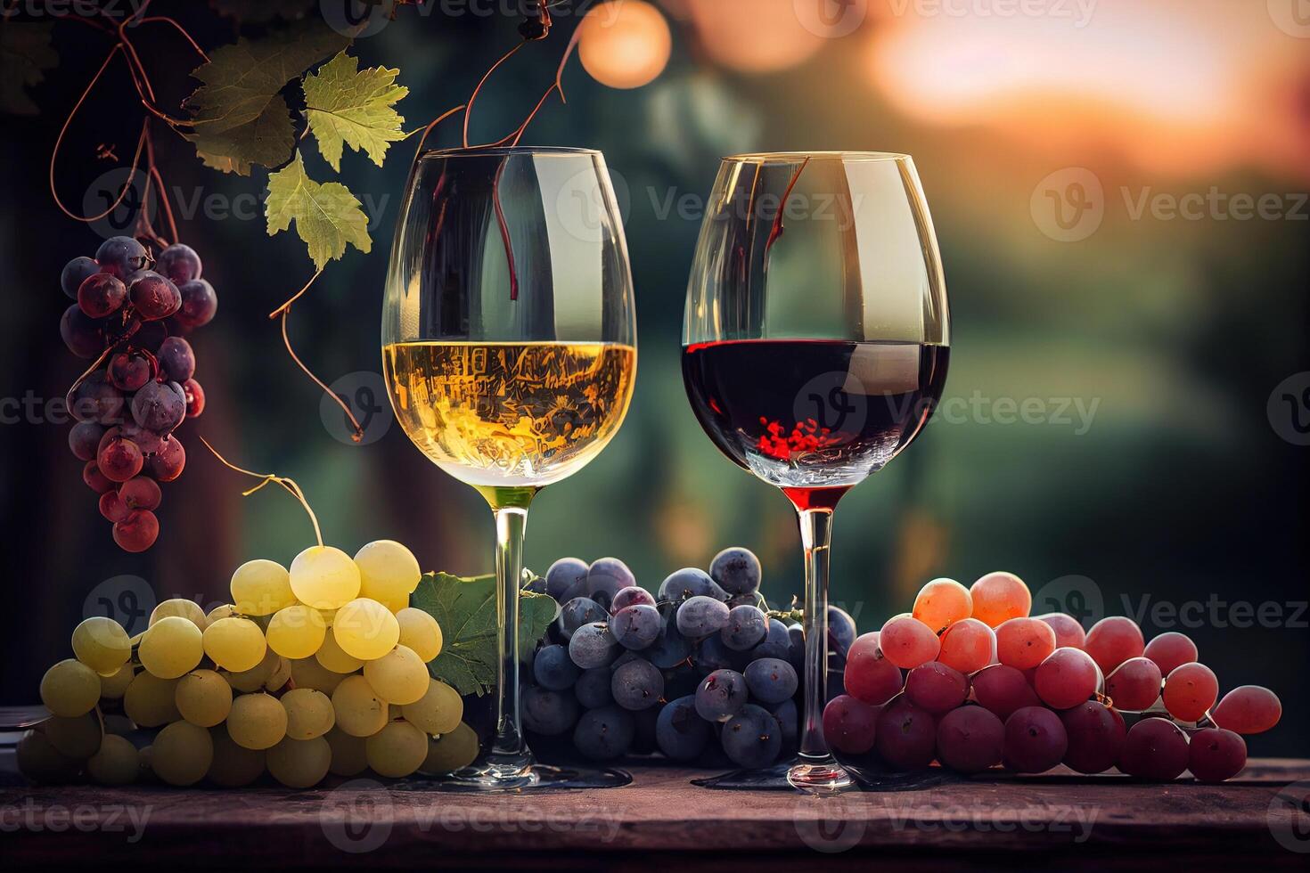 illustration of Glasses of red and white wine and ripe grapes on table in blurred vineyard photo