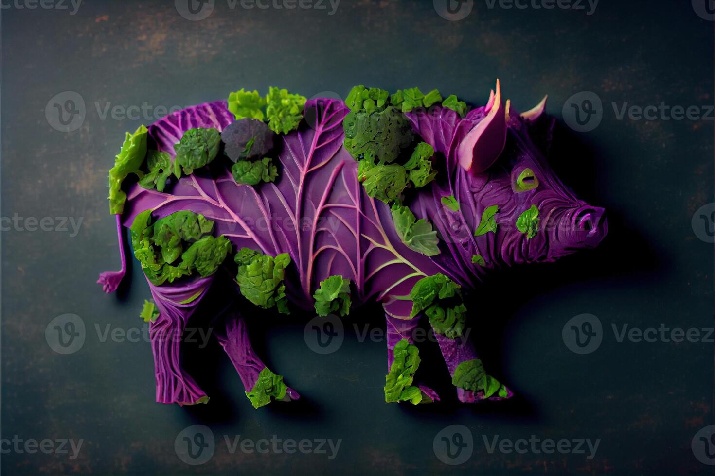 illustration of a cow made of fresh fruits and vegetables photo