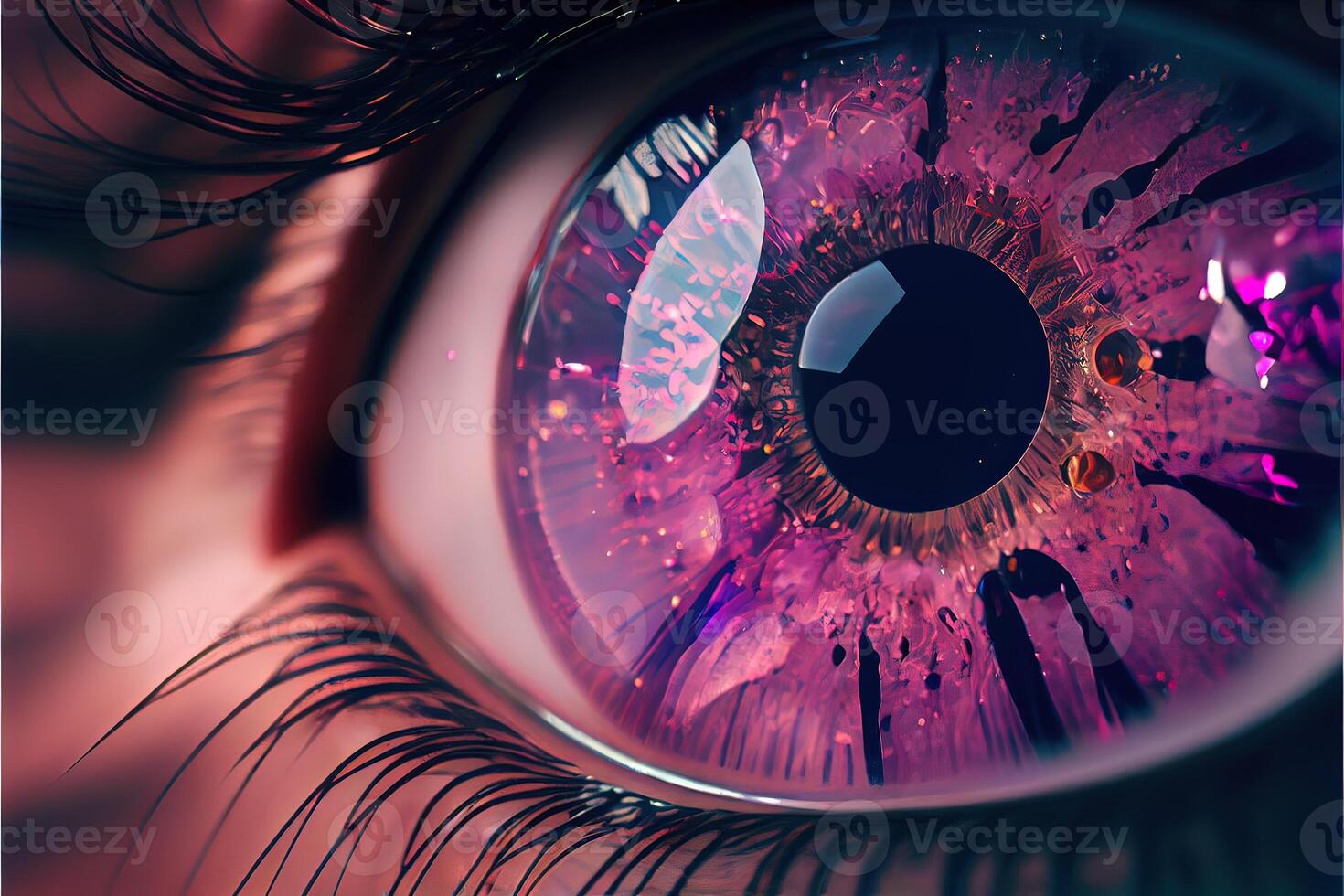 illustration of macro photography shot of realistic female eyes with pink Iris that looks like a Roman numeral analog clock, time in eyes, opalescence and shiny, shattered glass crystals photo