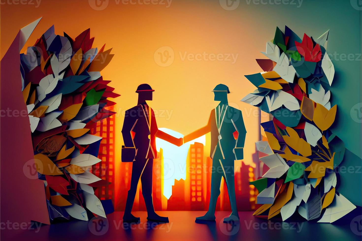Business man in the city background, colorful. Business handshaking, successful concept. Paper cut craft, 3d paper illustration style. Neural network generated art. photo