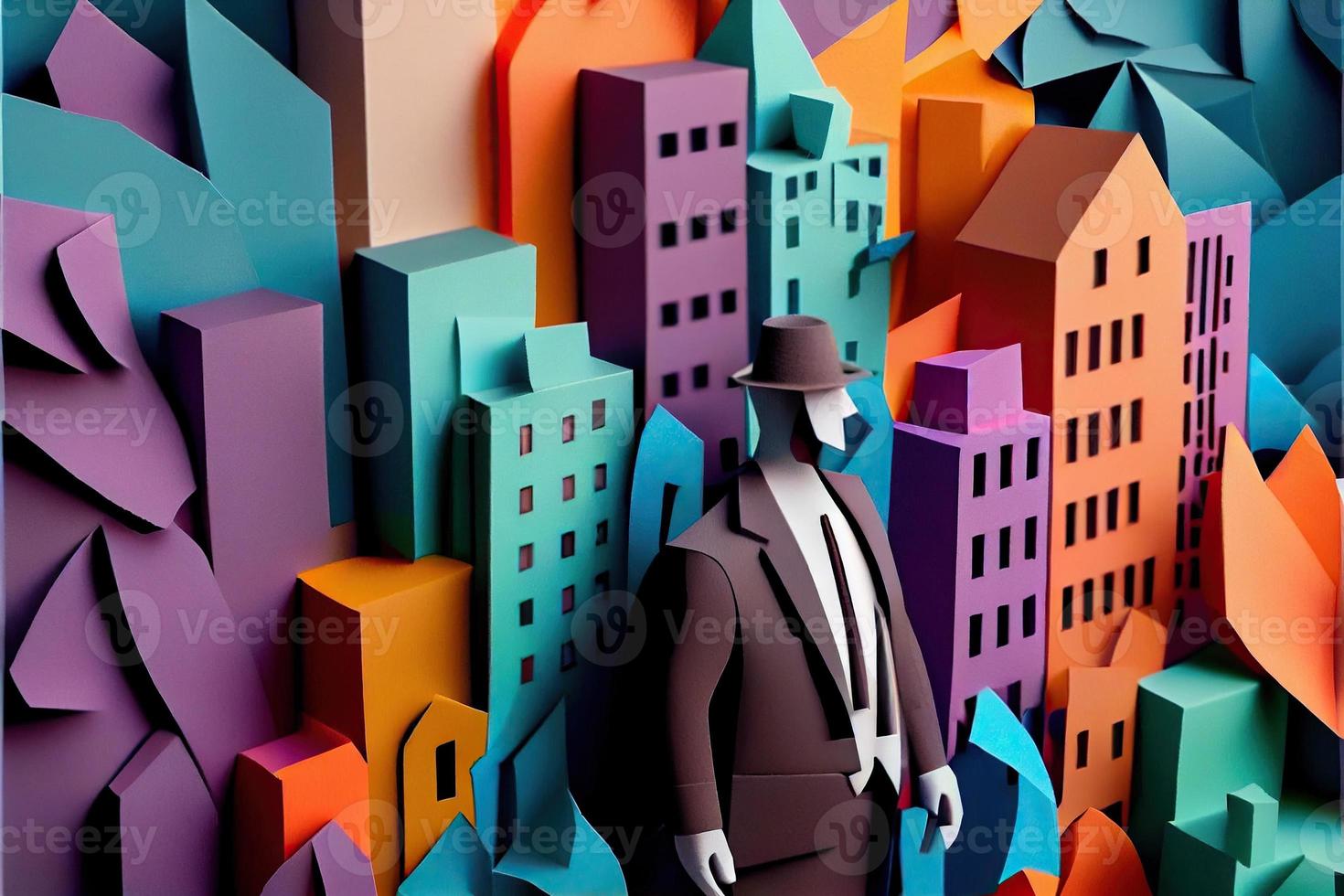 Business man in the city background, colorful. Business handshaking, successful concept. Paper cut craft, 3d paper illustration style. Neural network generated art. photo