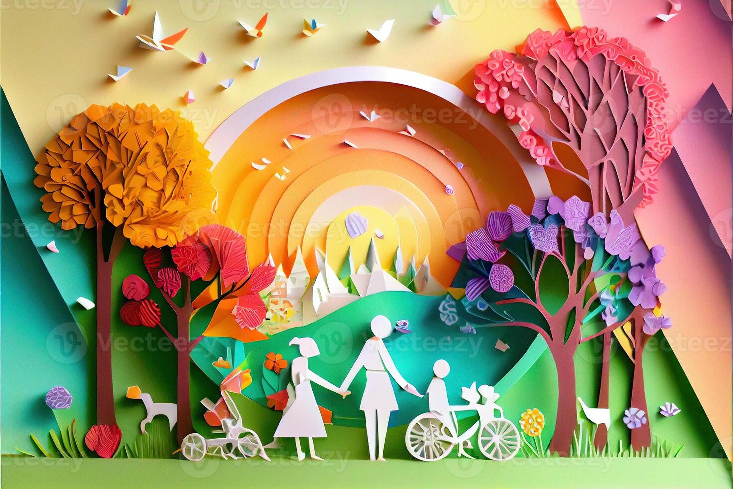 illustration of origami spring background, joyful elderly, happy family with parent, colorful. Paper cut craft, 3d paper illustration style, pop color. Neural network generated art. photo