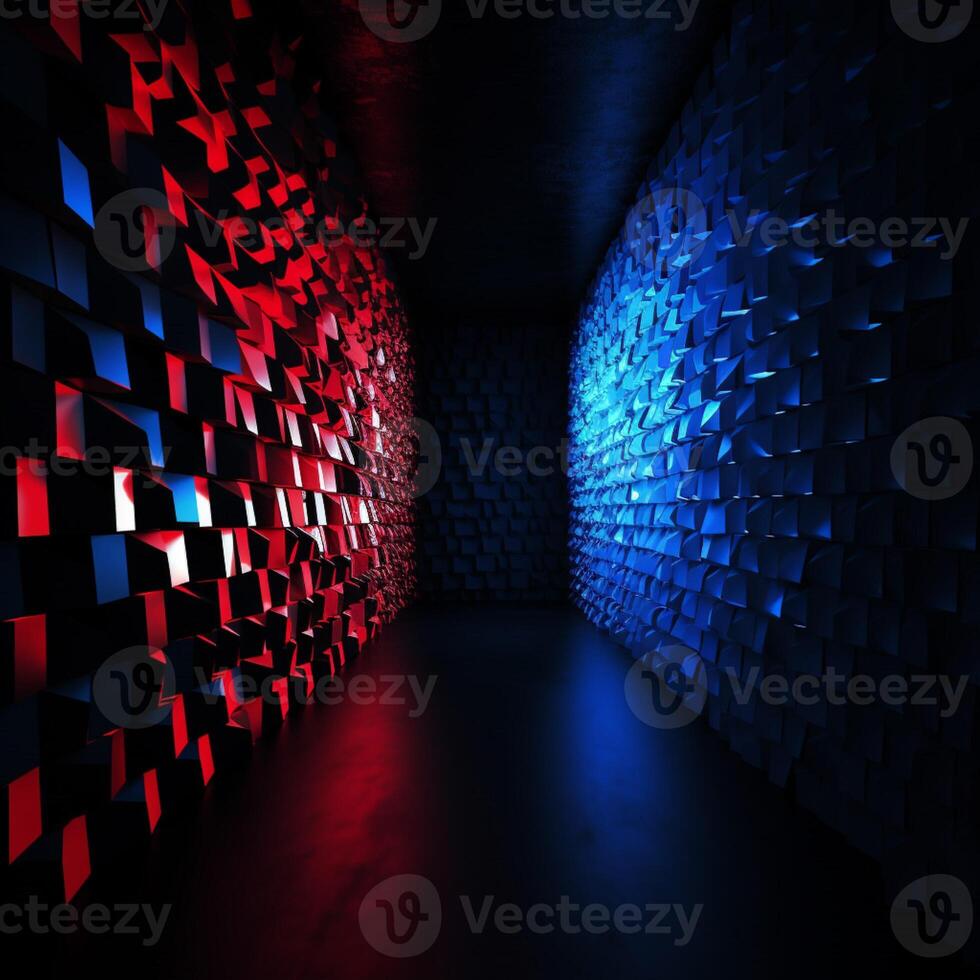 A hallway with red and blue lights on the wall photo