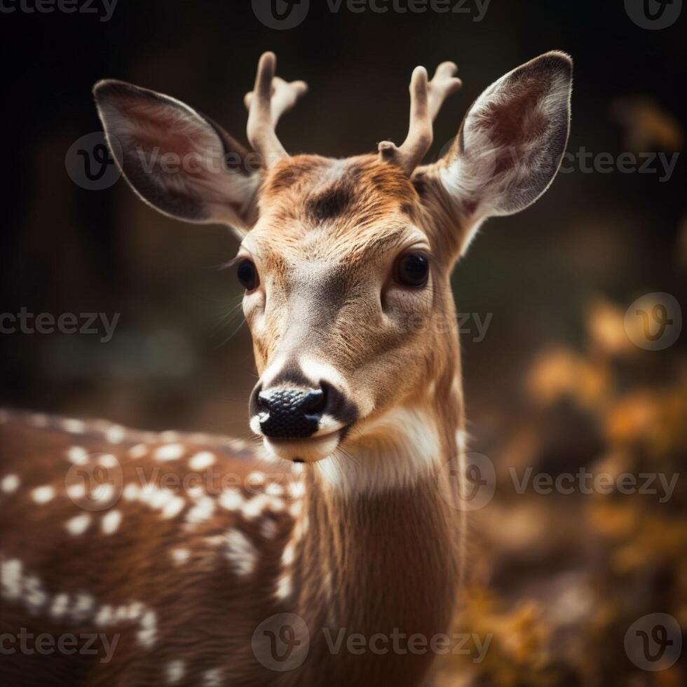 A deer with horns and a black nose is in the woods. photo