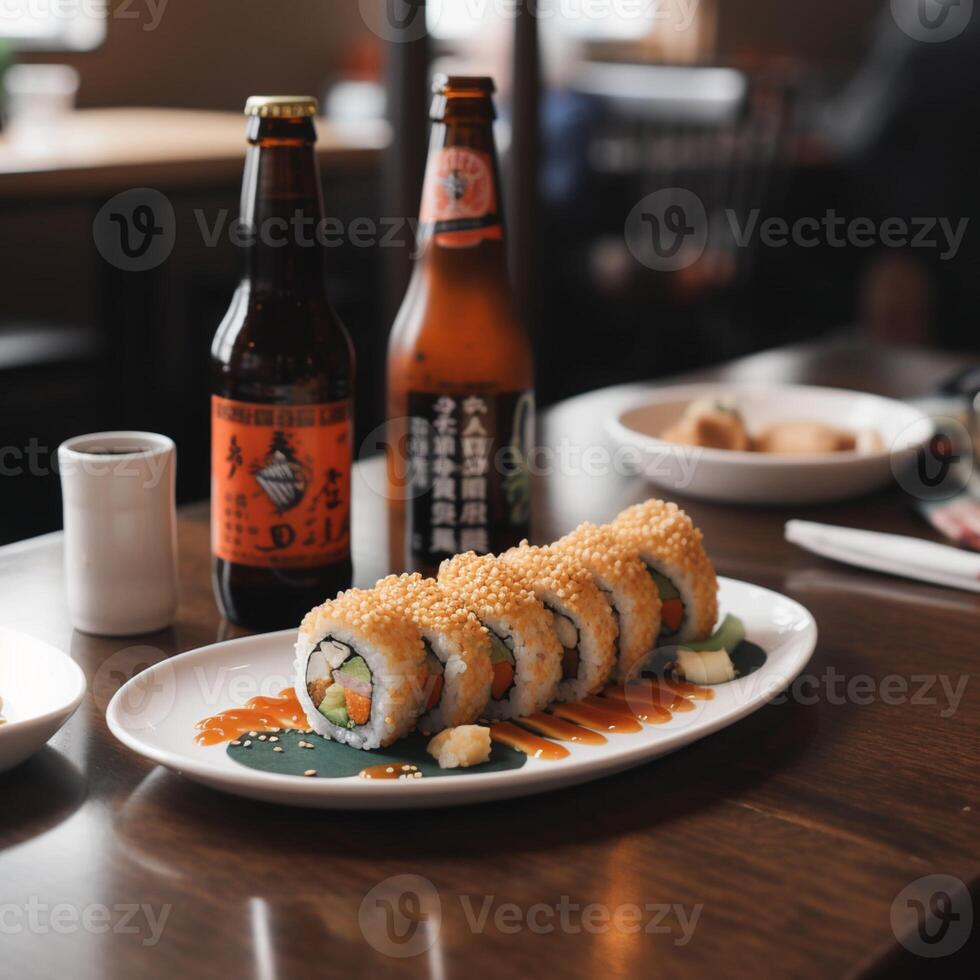 A bottle of beer next to a plate o f sushi and a bottle of beer. photo