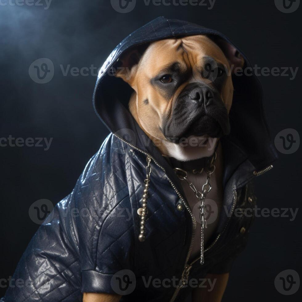 A dog in a leather jacket photo