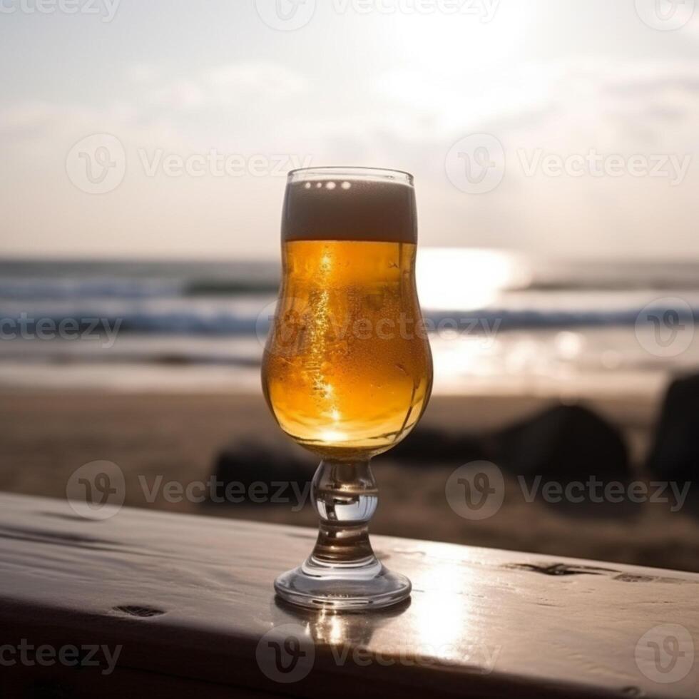 A beer glass on a wooden table photo