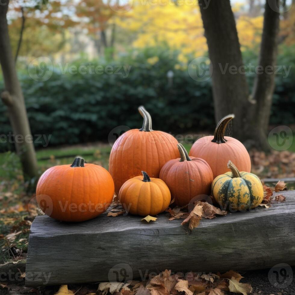 Pumpkins on a wooden table in a jungle photo