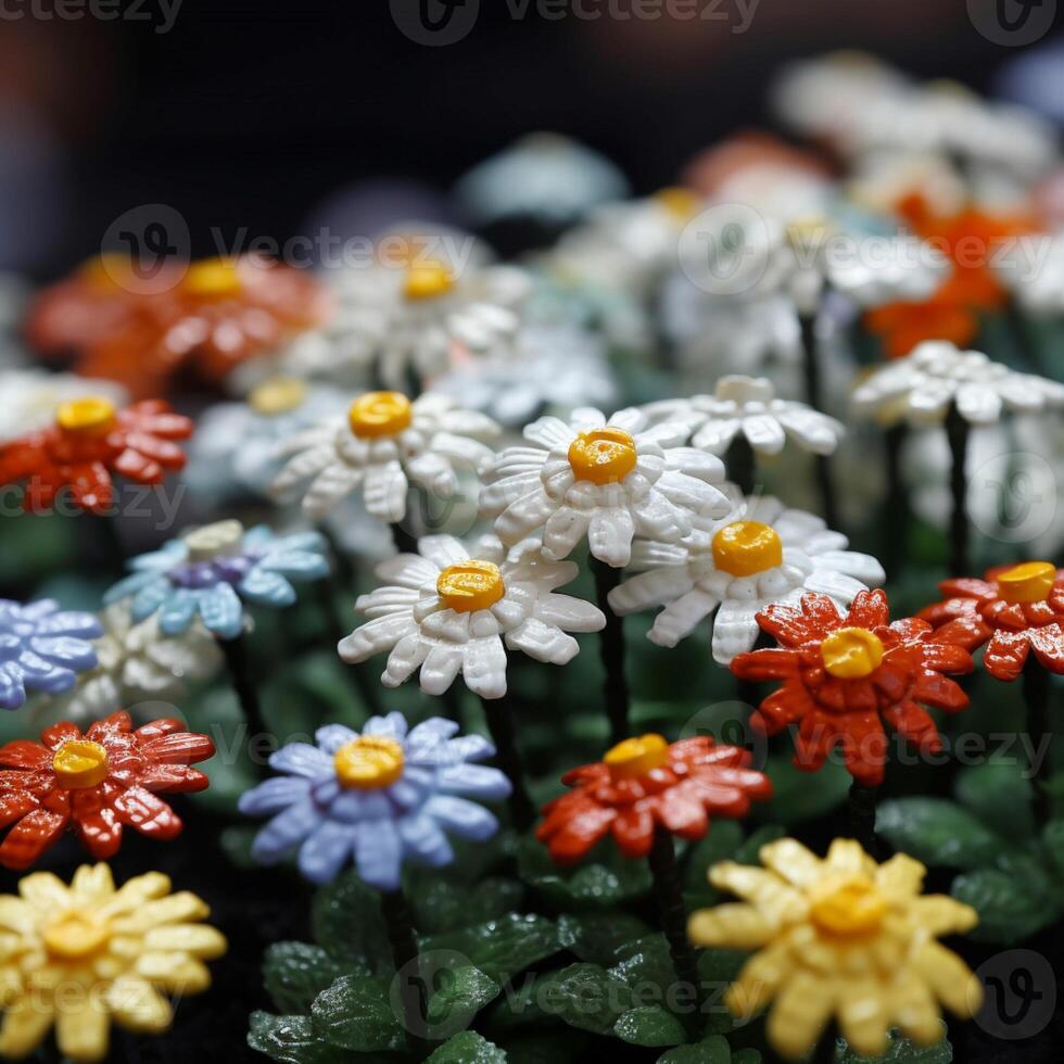 A miniatured is made of plastic flowers photo