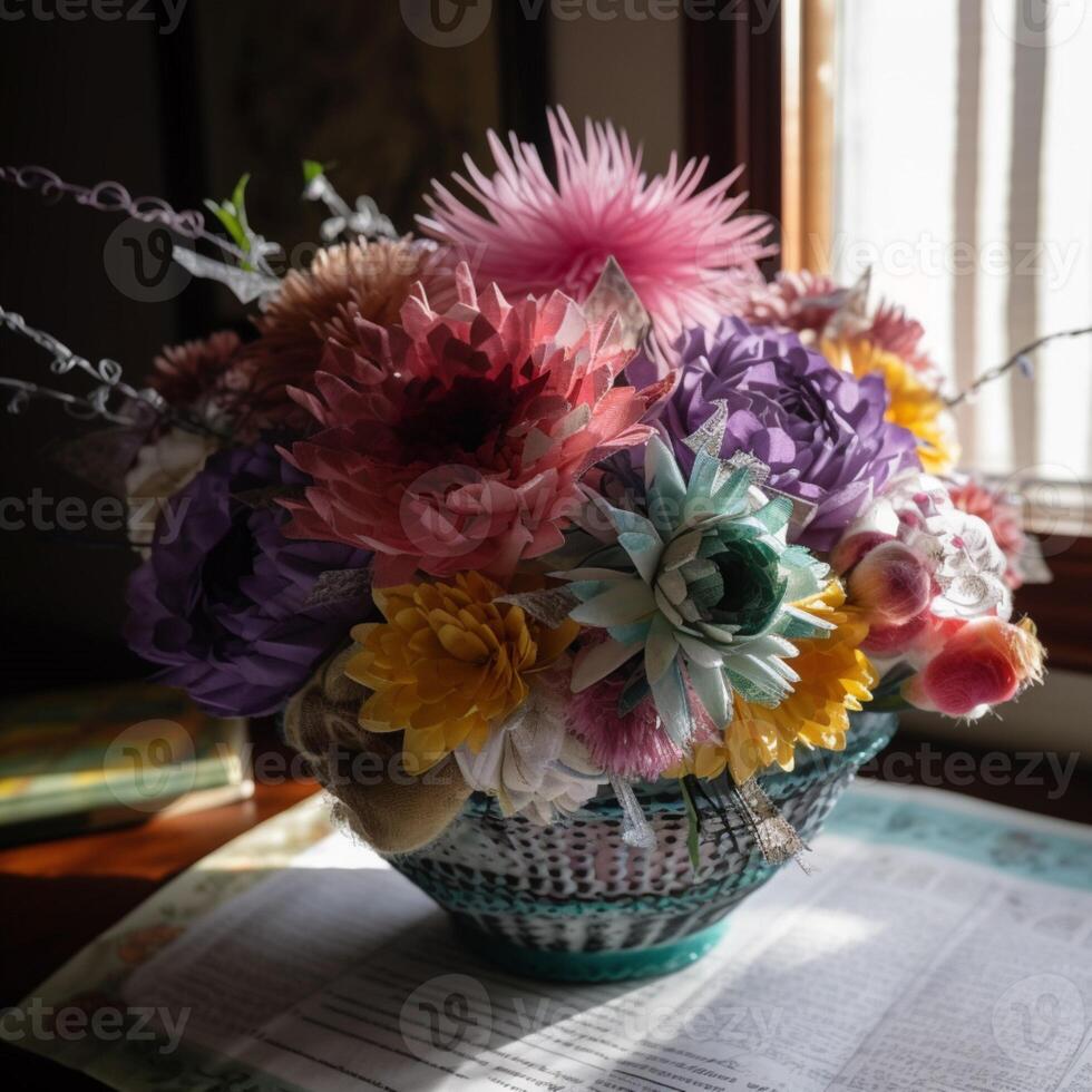 Flowers in background and in vase photo