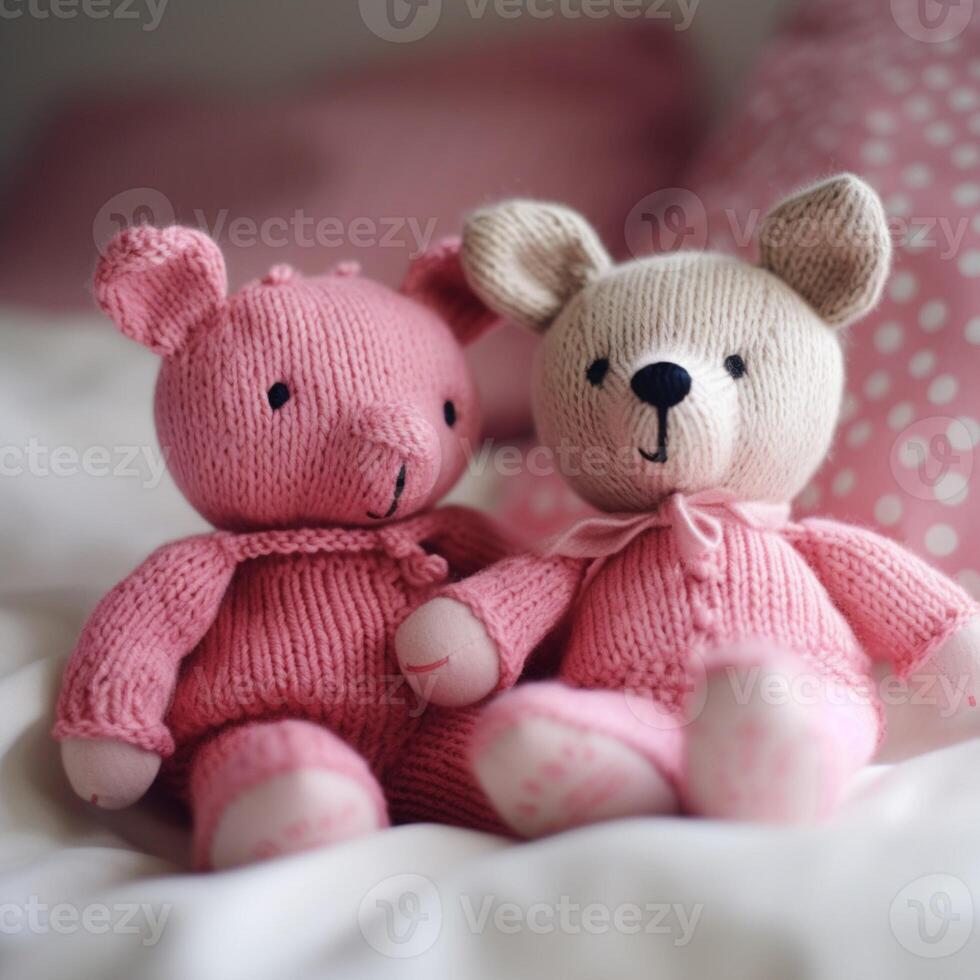A knitted toys with a pink sweater on it photo