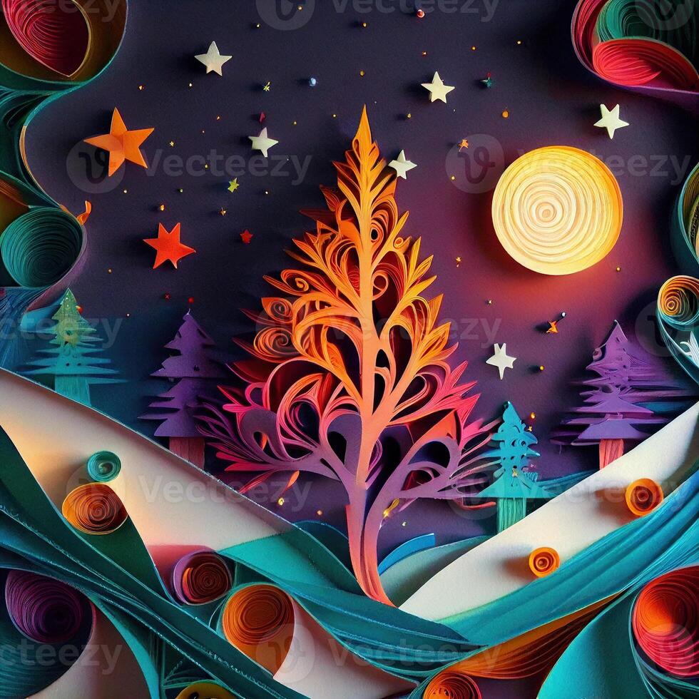 illustration of photo paper cut quilling multidimensional paper cut, craft paper illustration, christmas tree and colored lights vine stars, pop color. Neural network generated art.