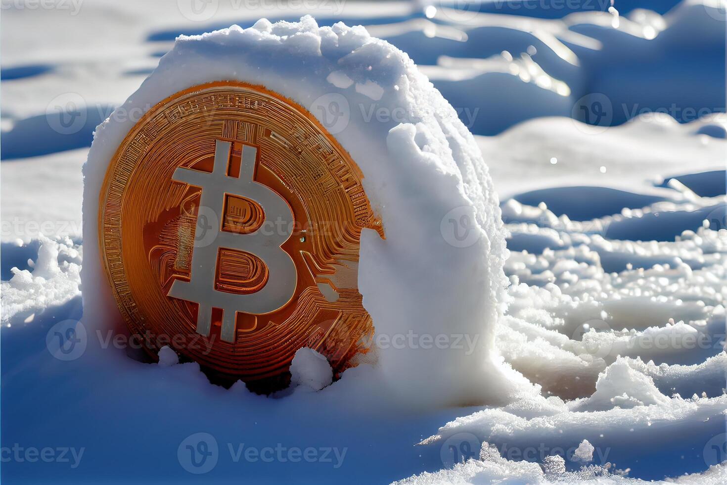 illustration of frozen bitcoin, cold and snow. Bit coin symbol in ice and snow photo