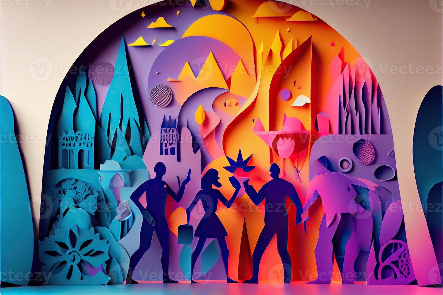 illustration of People in New Year's Eve party background, men and women celebrating holidays together, partying, cheering and dancing. Paper cut craft, 3d paper illustration style. photo
