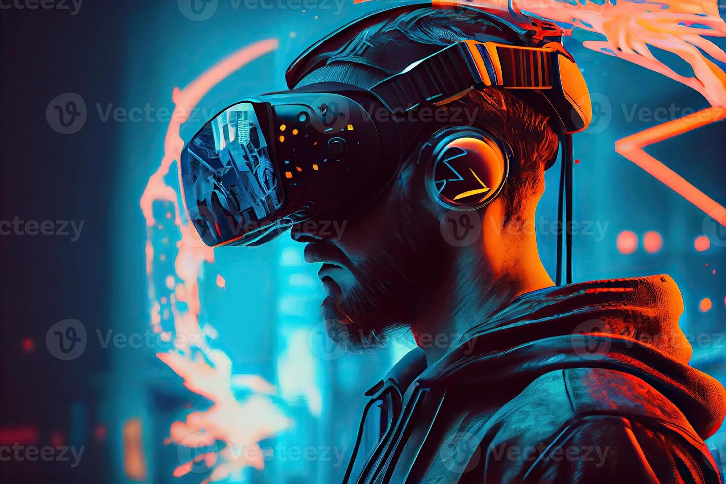illustration of man with virtual reality VR goggle playing AR augmented reality game and entertainment, futuristic metaverse gameFi NFT game ideas photo