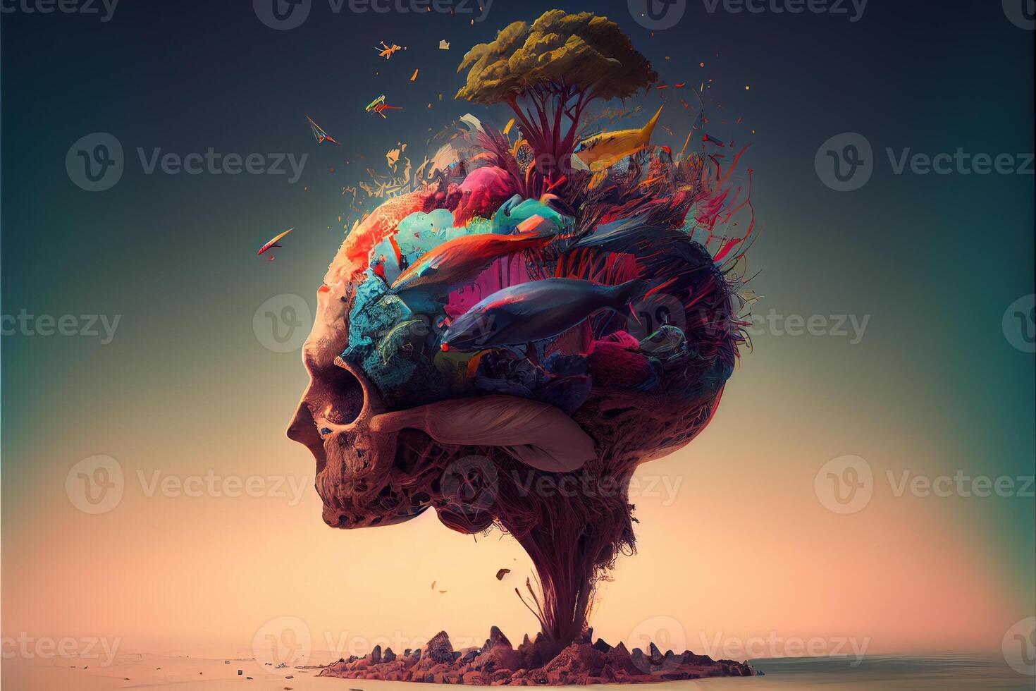 illustration of annual collective mind concept art, exploding mind, inner world, dreams, emotions, imagination and creative mind photo