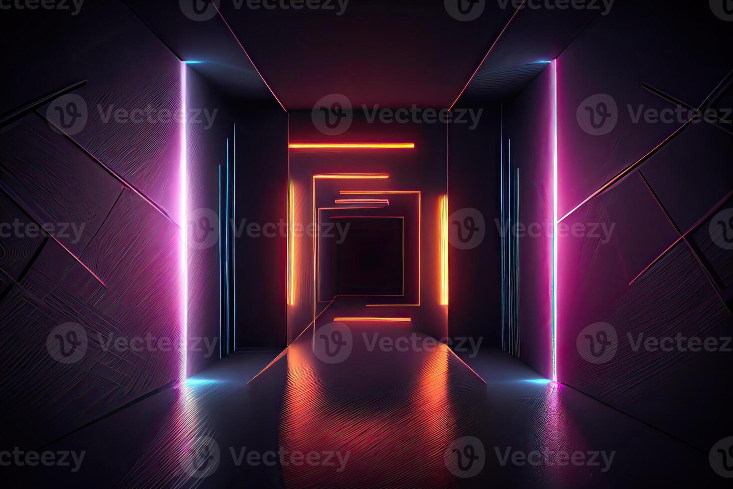 illustration of an abstract dark neon geometric background, set inside a dark and empty room with glowing laser lines on the walls, a wet concrete floor, with neon light reflections photo