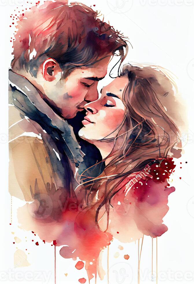 illustration of a couple in love hugging and kissing. Young love. Watercolor illustration of kissing and hugging couple surrounded by hearts. Romantic date. Valentine's day card photo