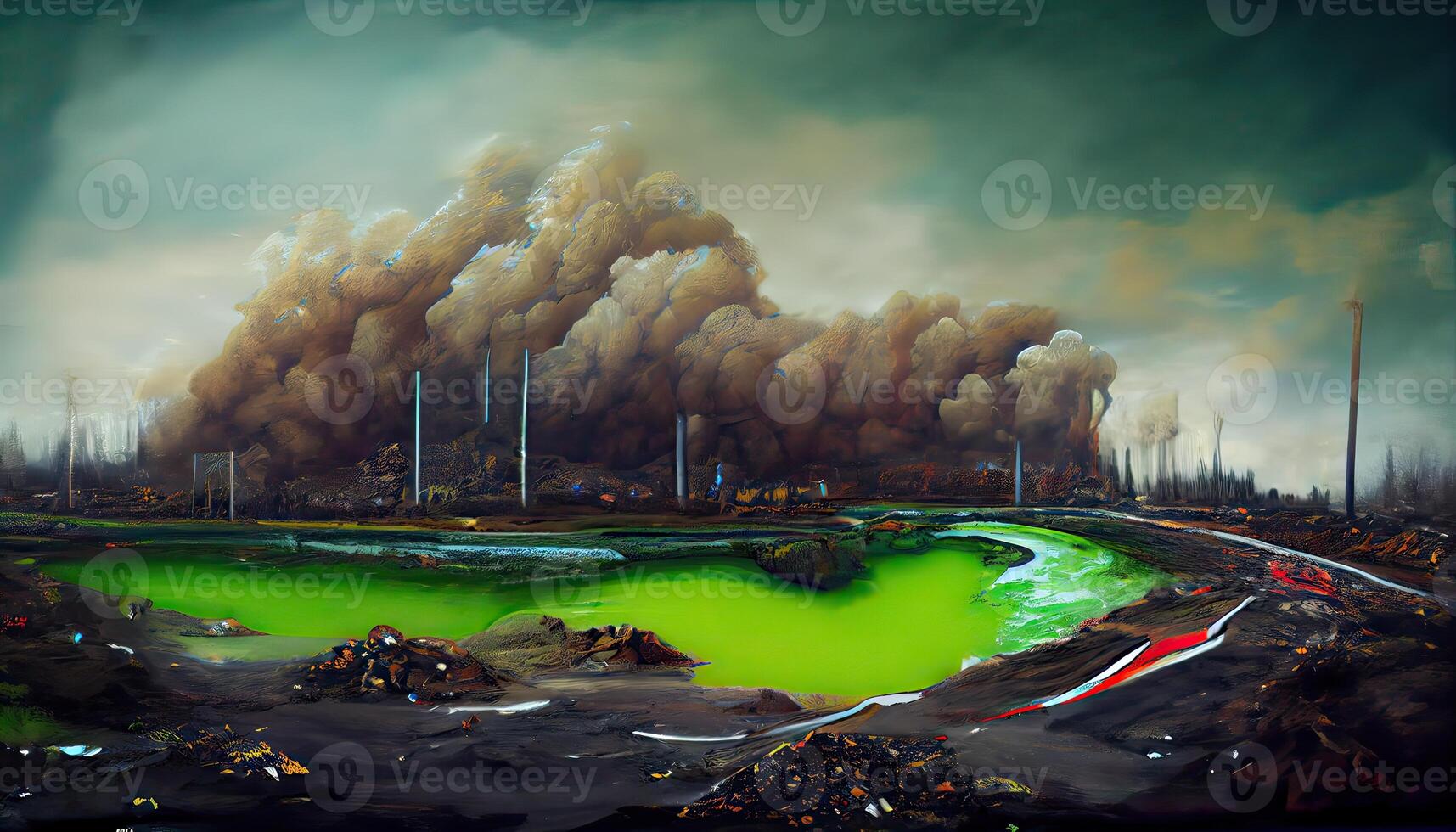 generativo ai ilustración de paisaje con ecológico desastre. contaminado tierra y Oceano foto