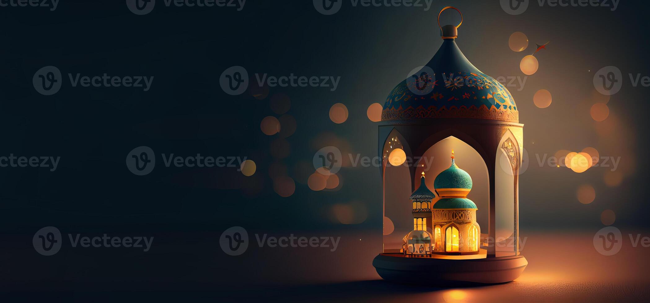 illustration of Islamic holiday. Ramadan night. Mosque and lantern displayed on stages with glowing light in the evening. Wallpaper and banner background. photo