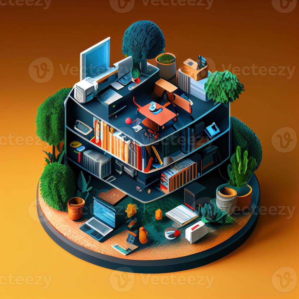 illustration of Office on smart phone, isometric diorama, land plot, pop color, colorful. Digitally generated image photo