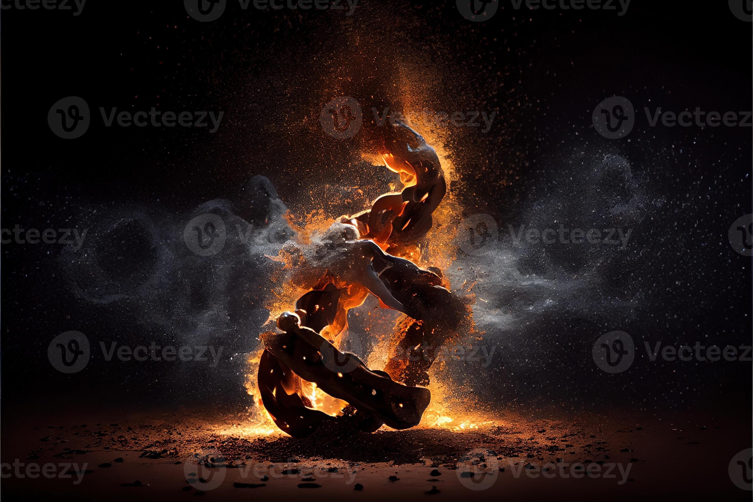 illustration of breaking steel chain with fire dust in dark background
