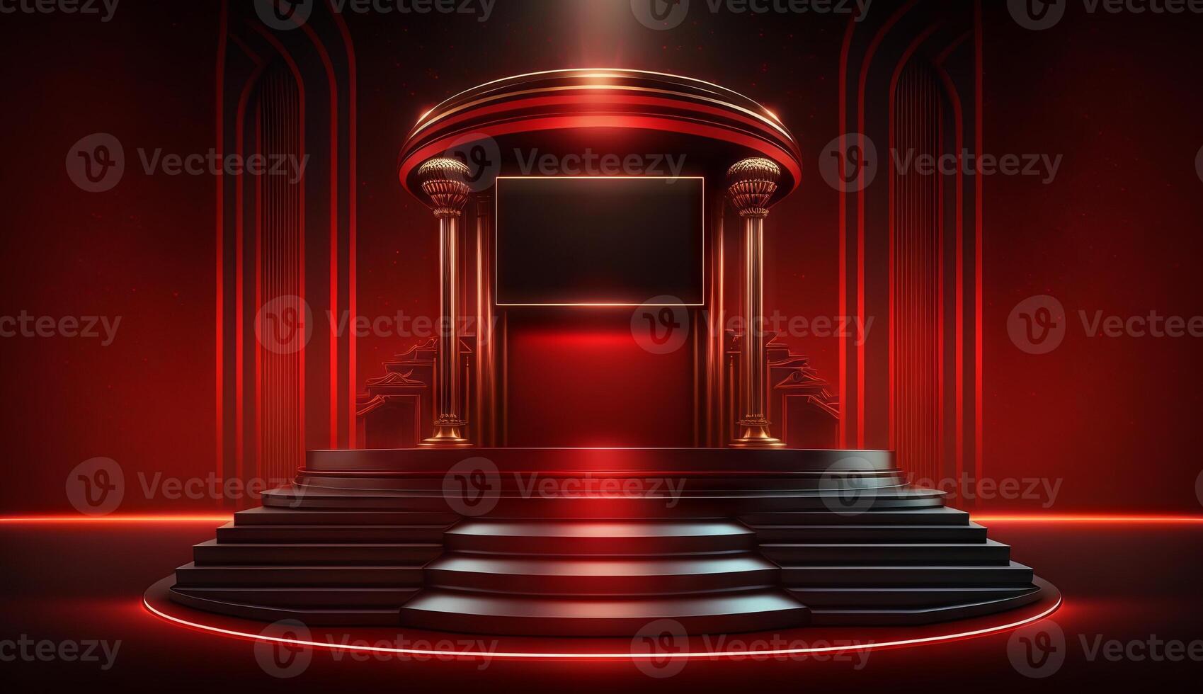 Stage Podium Scene for Award Ceremony on red Background. photo