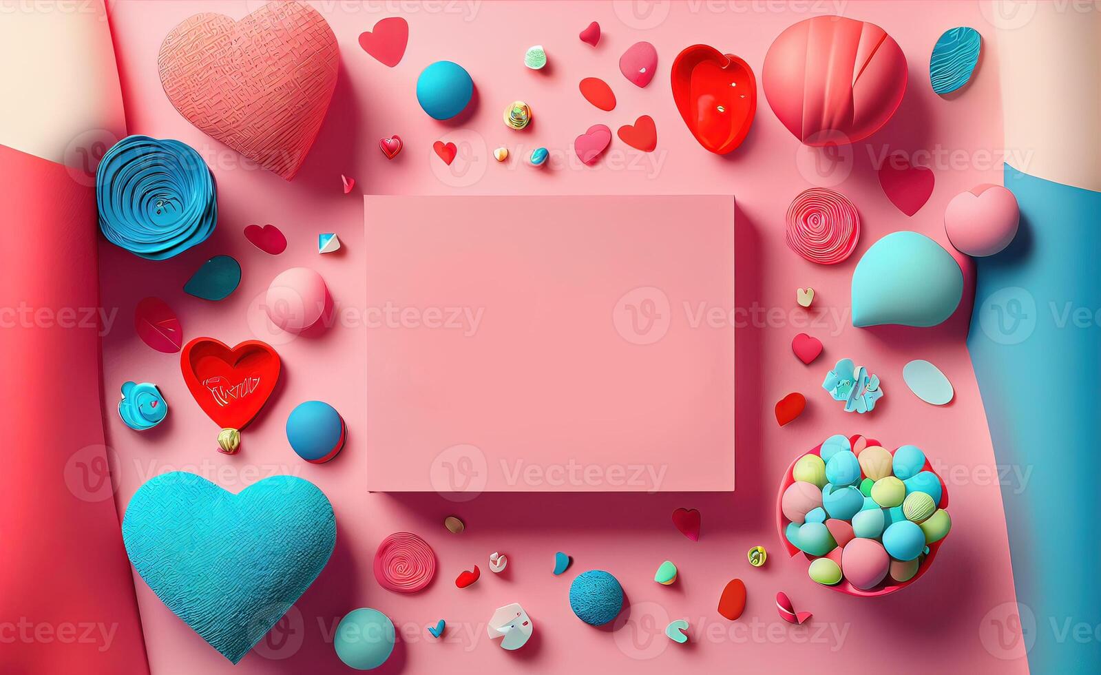 illustration of Valentine frame and banner. Red decoration. flat lay, romantic. Love and valentine day concept. Neural network generated art. Digitally generated image. photo