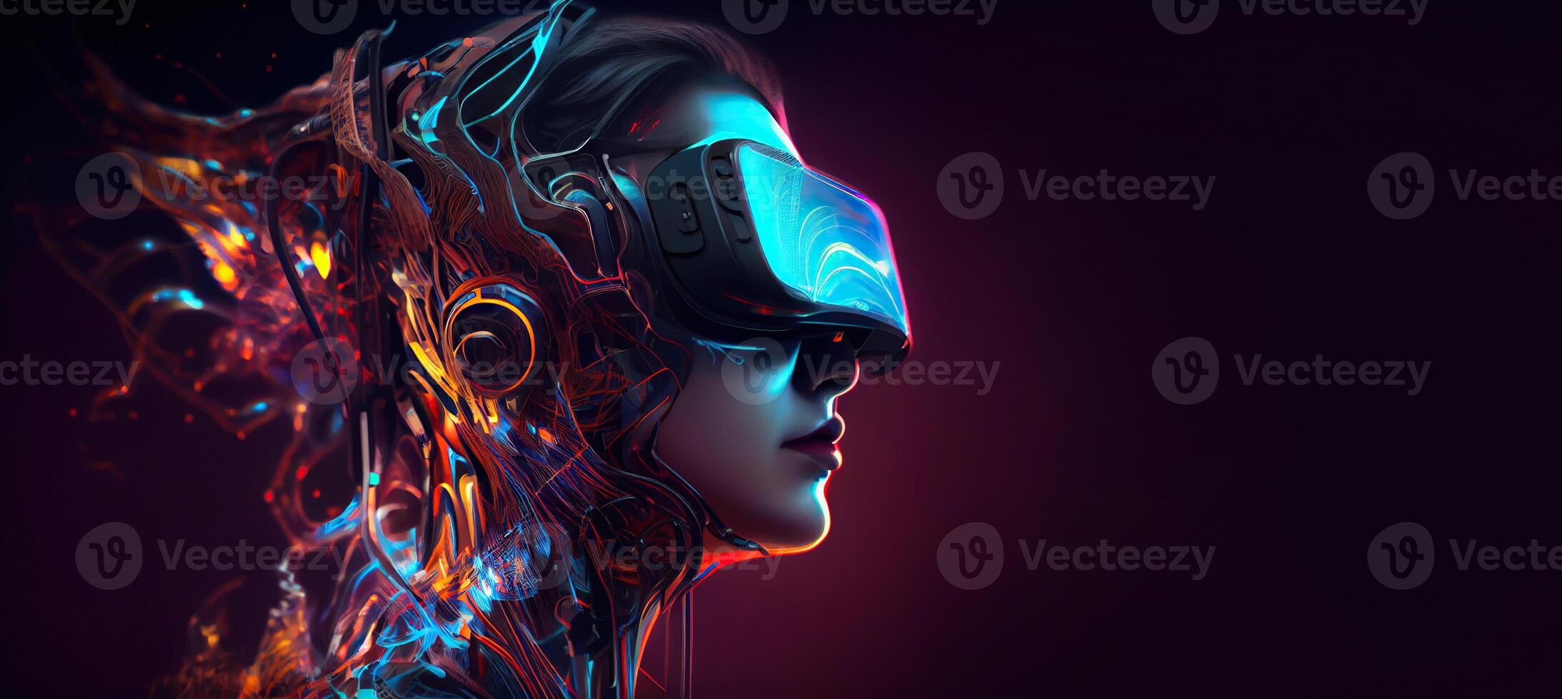 illustration of Metaverse concept and virtual world elements. Side view of human face in augmented or virtual reality headset inside the metaverse photo