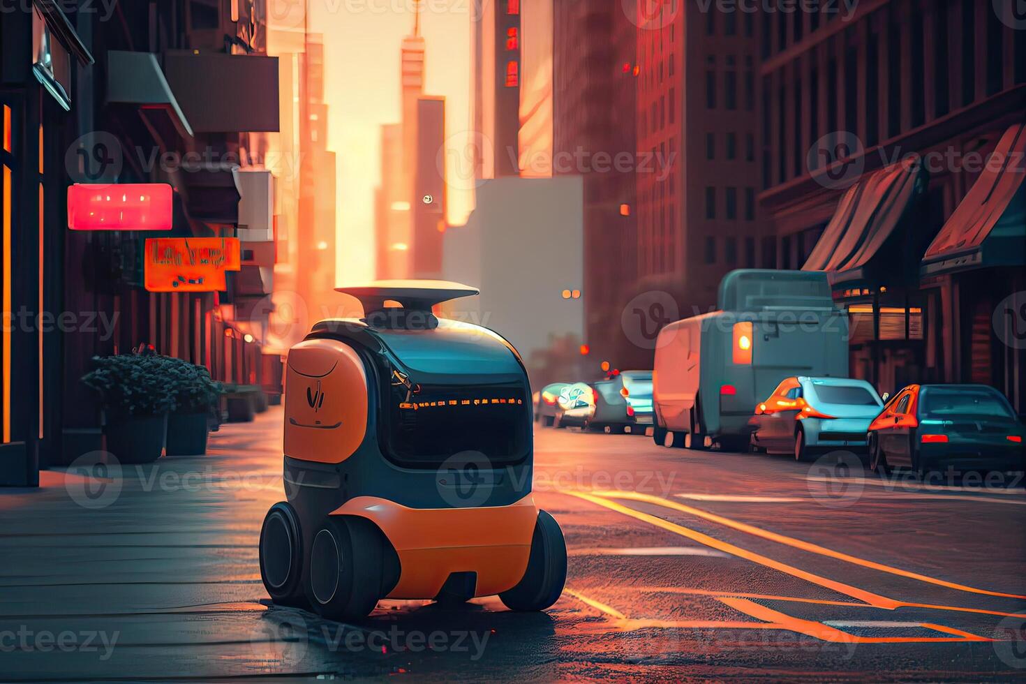 illustration of the future of delivery technology with autonomous courier robots in bustling urban landscapes, a delivery robot as well as autonomous delivery cars created by a business photo