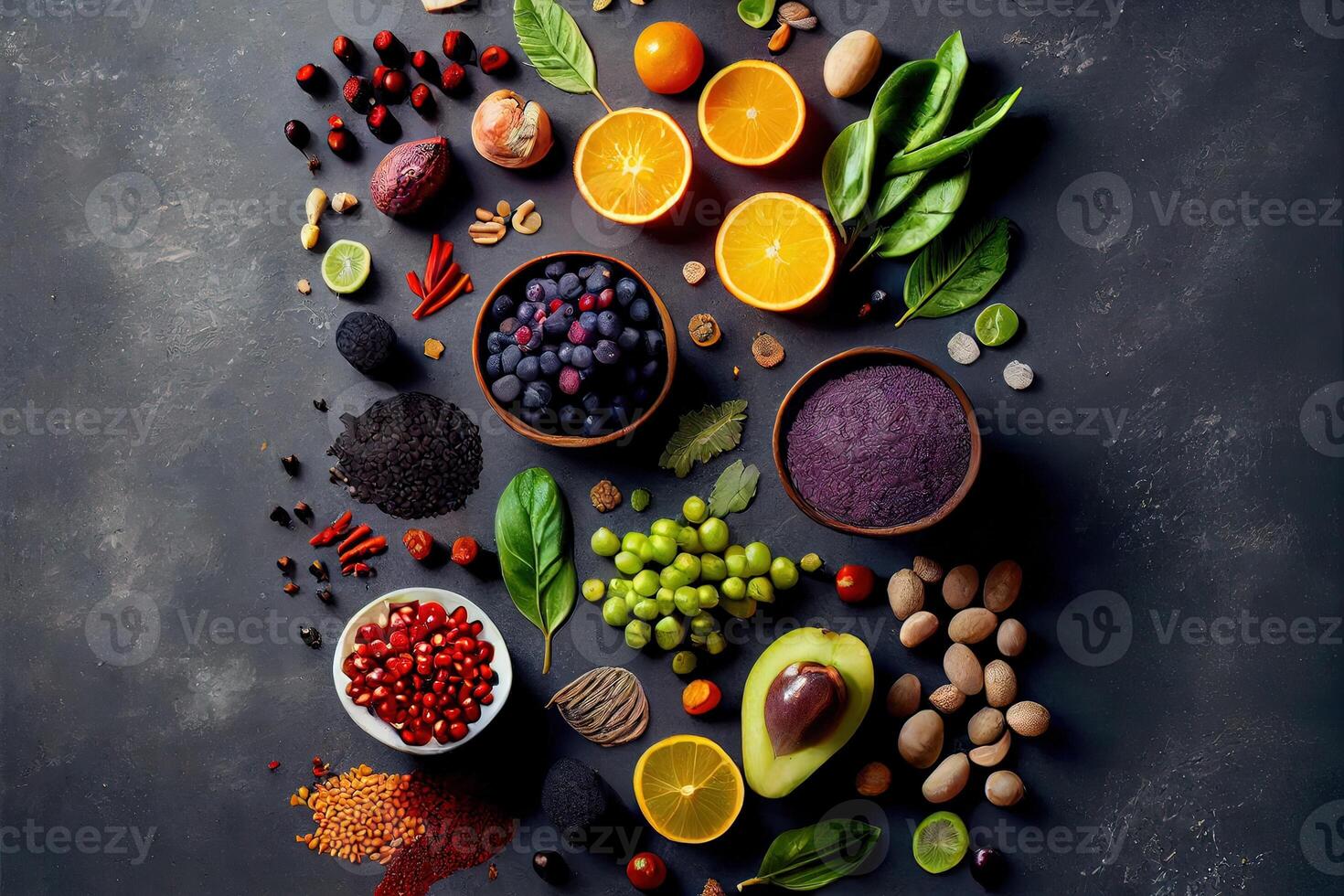 illustration of healthy food clean eating selection on gray concrete background photo