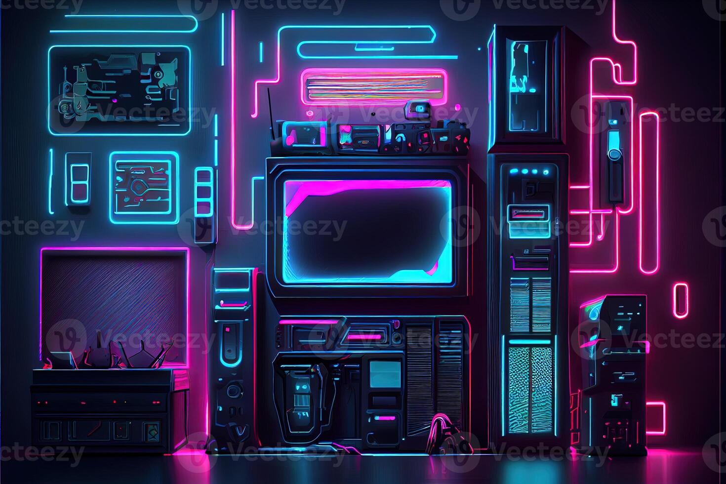 generativo ai ilustración de juego de azar fondo, resumen cyberpunk estilo de jugador fondo de pantalla, neón resplandor ligero de ciencia ficción fluorescente palos digitalmente generado imagen foto