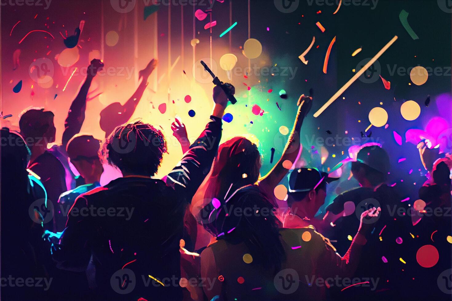 illustration of New Year's Eve party background, pop color, group of people dancing and joyful, countdown, neural network generated art. Digitally painting, generated image. photo