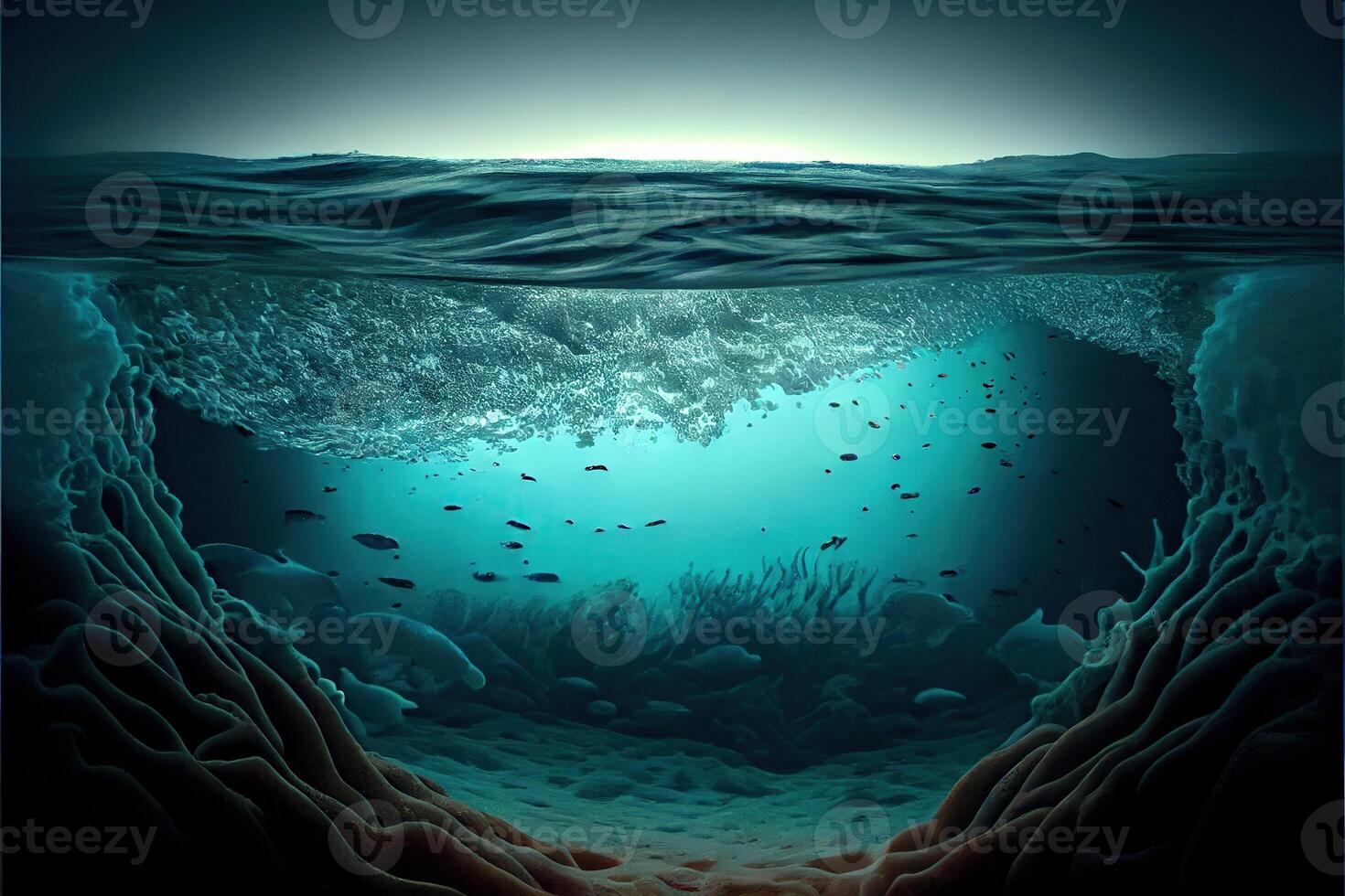 illustration of Ocean depth. Underwater empty landscape, ocean bottom, sea wave photo